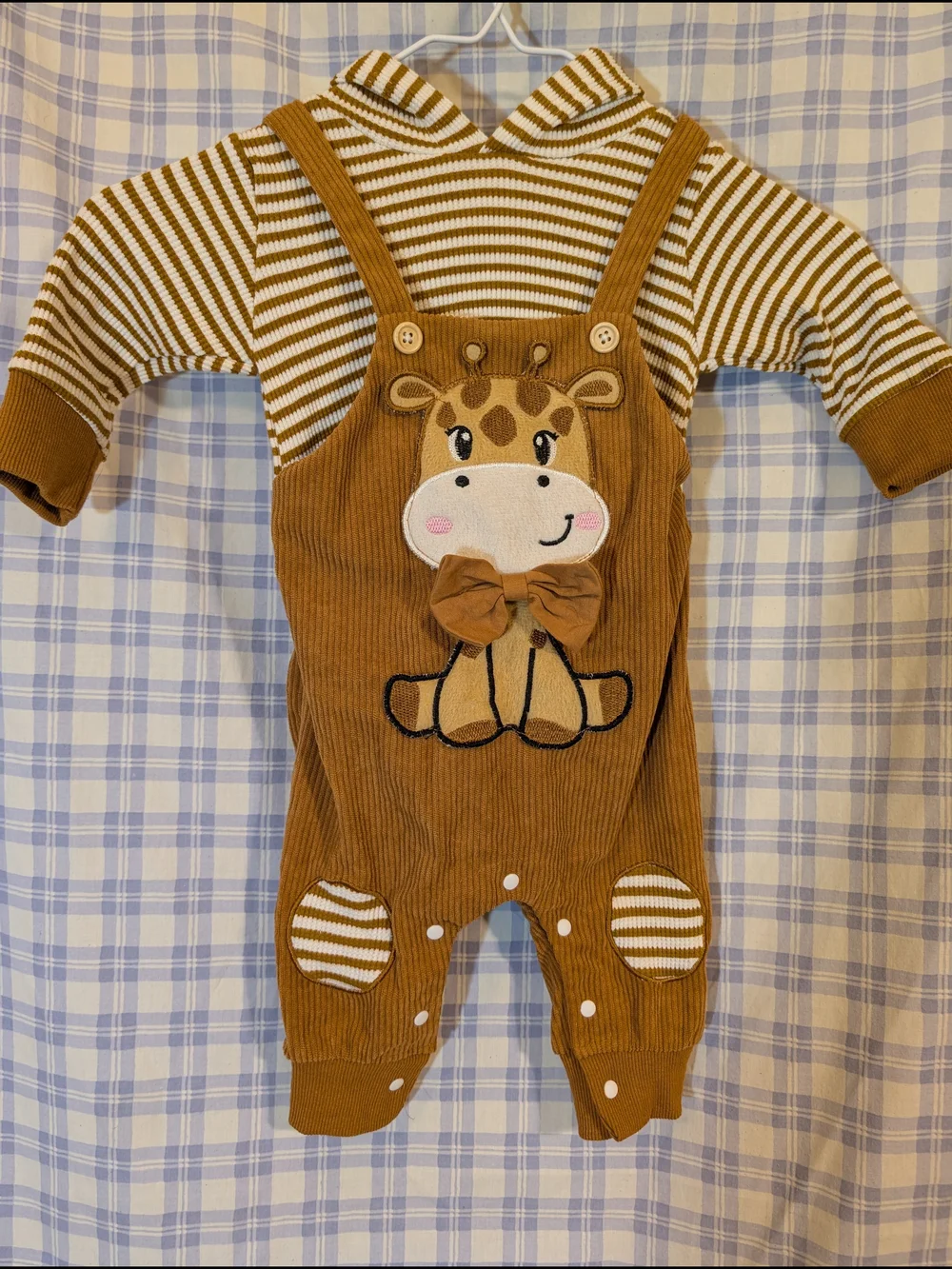 Brown Giraffe Appliqué Baby One-Piece Romper with Striped Hoodie